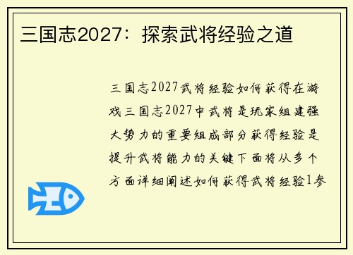 三国志2027：探索武将经验之道