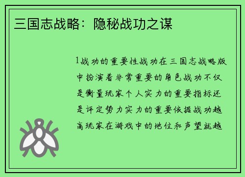 三国志战略：隐秘战功之谋